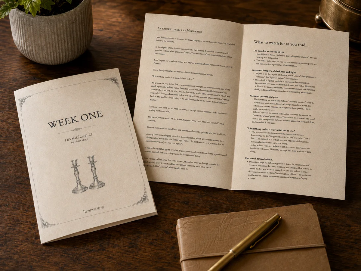 A Human by Hand excerpt and reading notes beside a notebook
