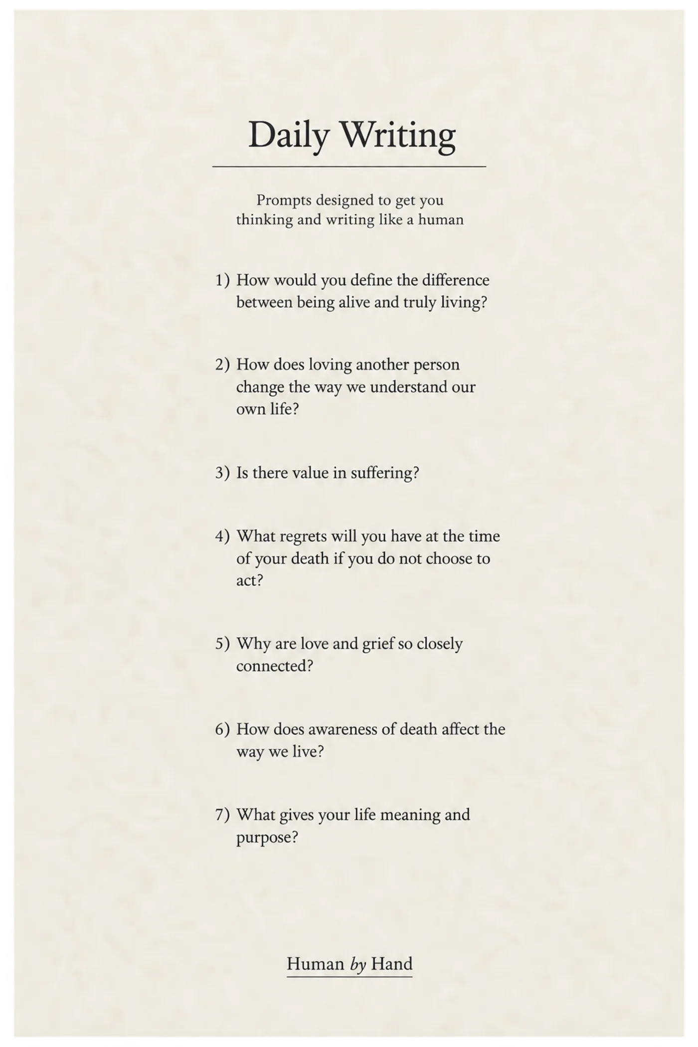 Folio back cover listing seven daily writing prompts