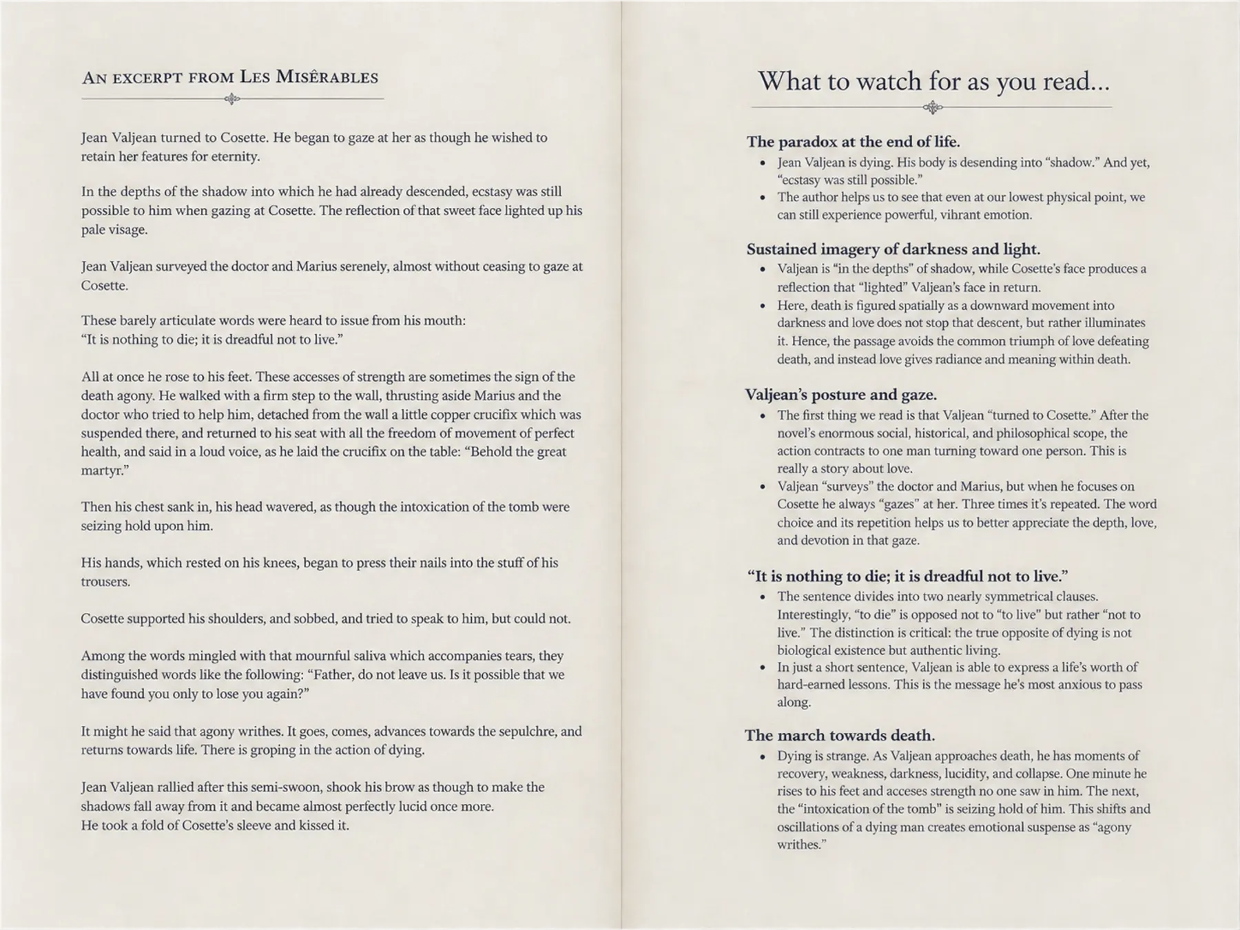Inside spread of a folio showing an excerpt from Les Misérables and close-reading notes