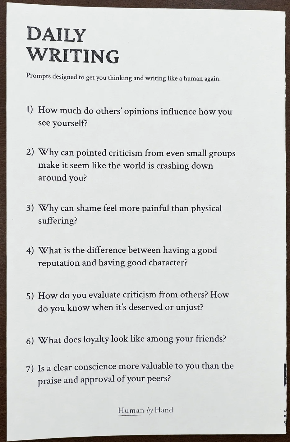 Daily Writing sheet listing seven reflective prompts for the week